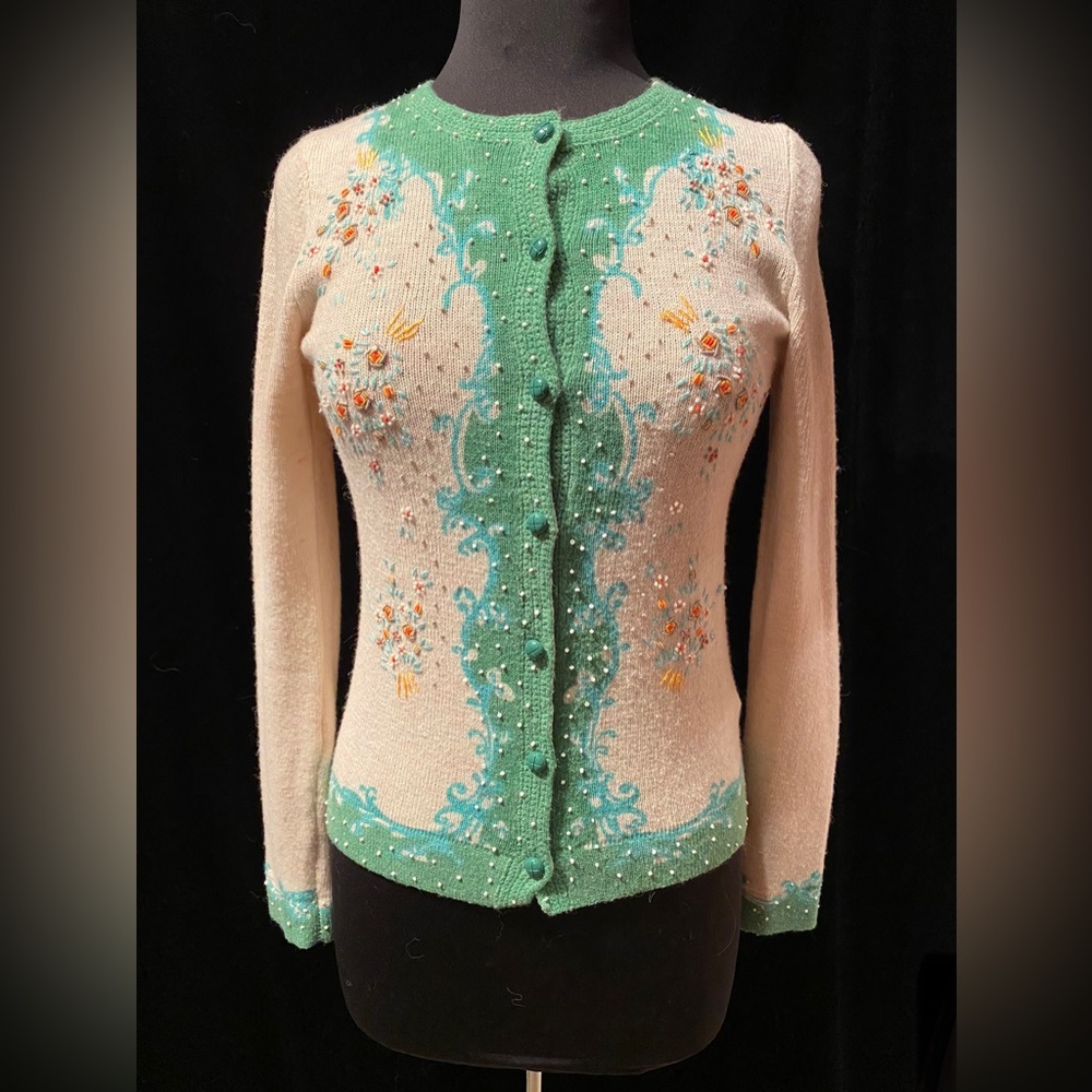 Vintage Beaded & Embroidered Wool Cardigan by Louie et Lucie, Small